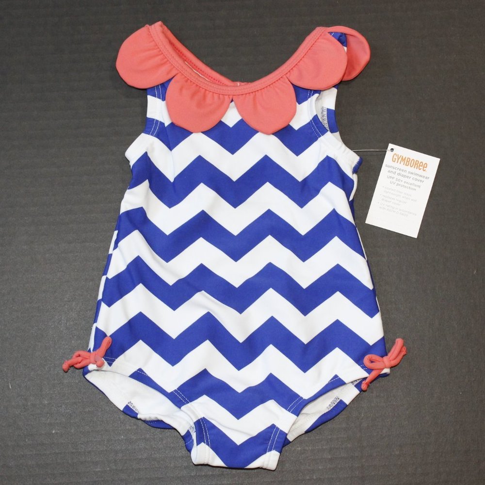 NWT Gymboree 12-18M swimsuit blue chevrons one-piece TWINS